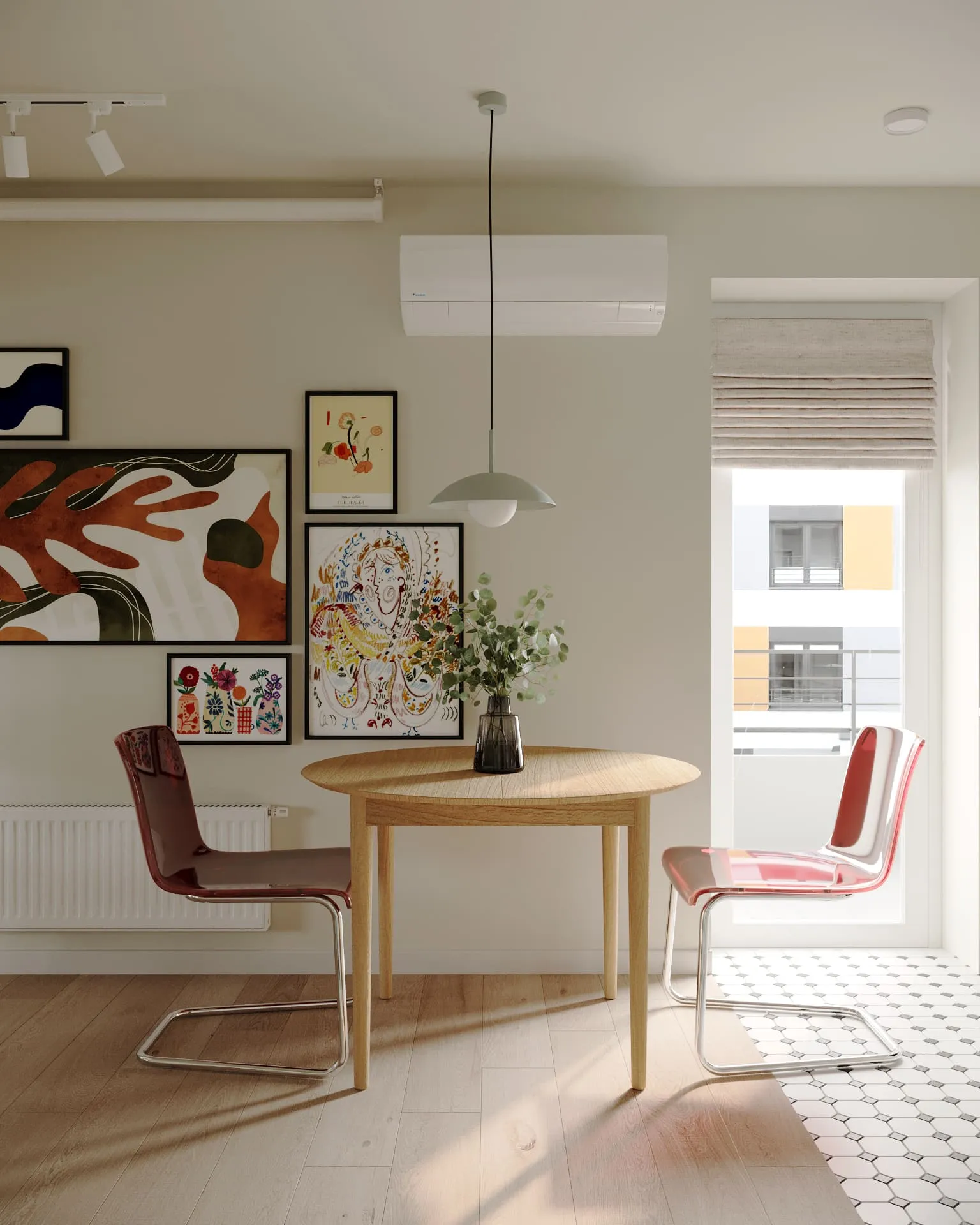 Дизайн інтер’єру обідньої зони з картинною галереєю та підвісною лампою